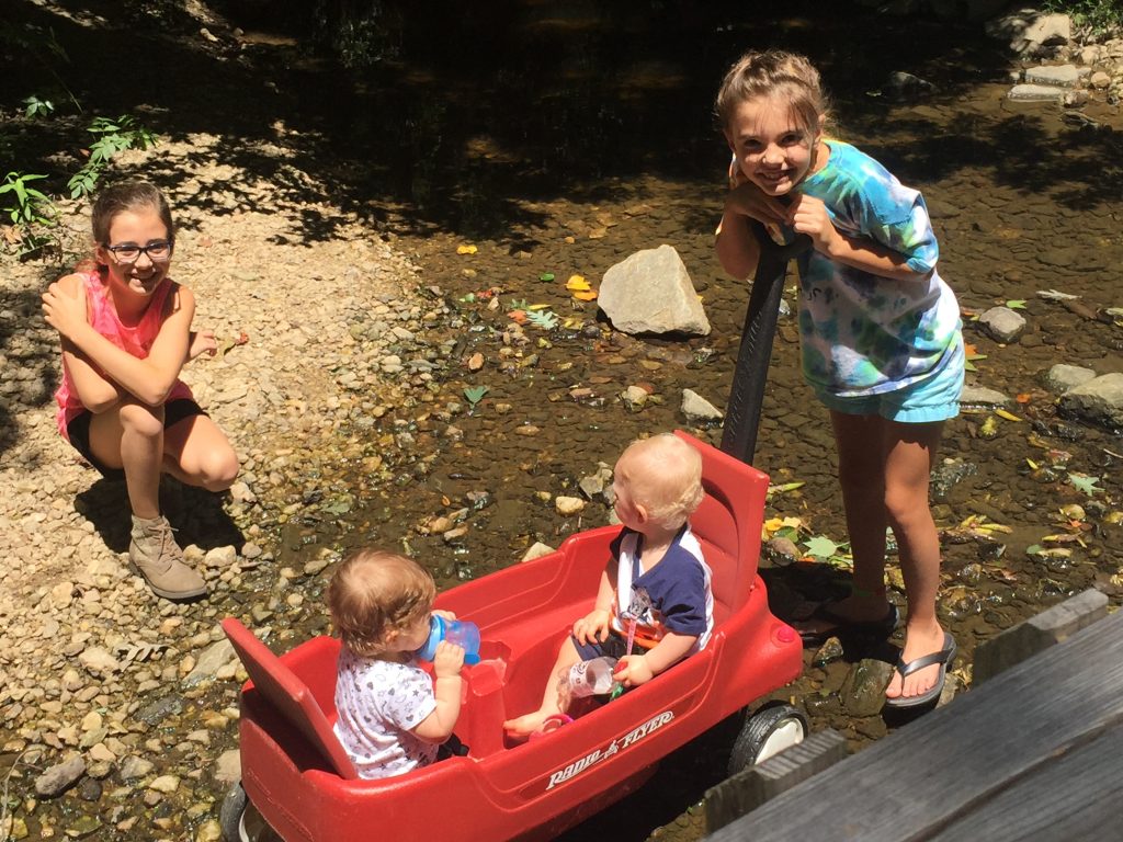 Two tween girls in a creek smiling, a wagon with two small toddlers looking up at the girls.